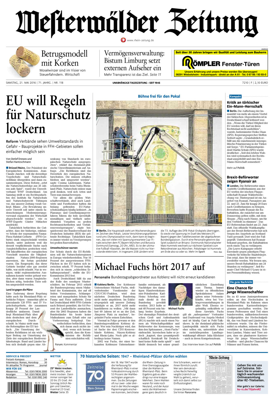 Westerwälder Zeitung vom Samstag, 21.05.2016