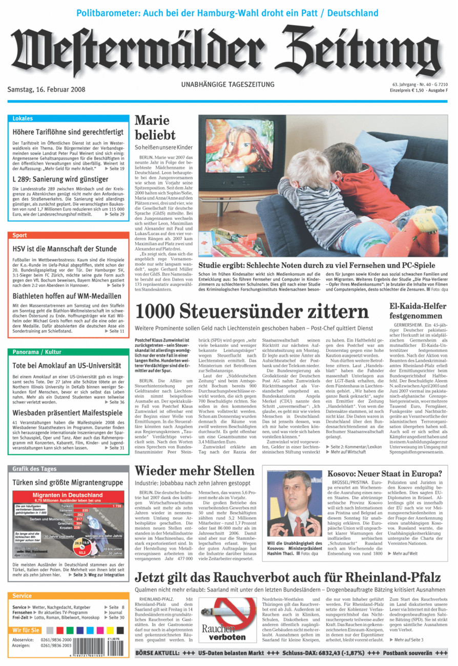 Westerwälder Zeitung vom Samstag, 16.02.2008