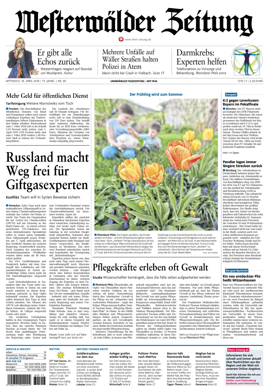 Westerwälder Zeitung vom Mittwoch, 18.04.2018