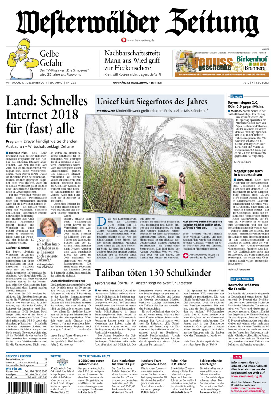 Westerwälder Zeitung vom Mittwoch, 17.12.2014