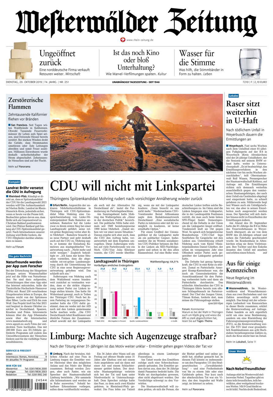 Westerwälder Zeitung vom Dienstag, 29.10.2019