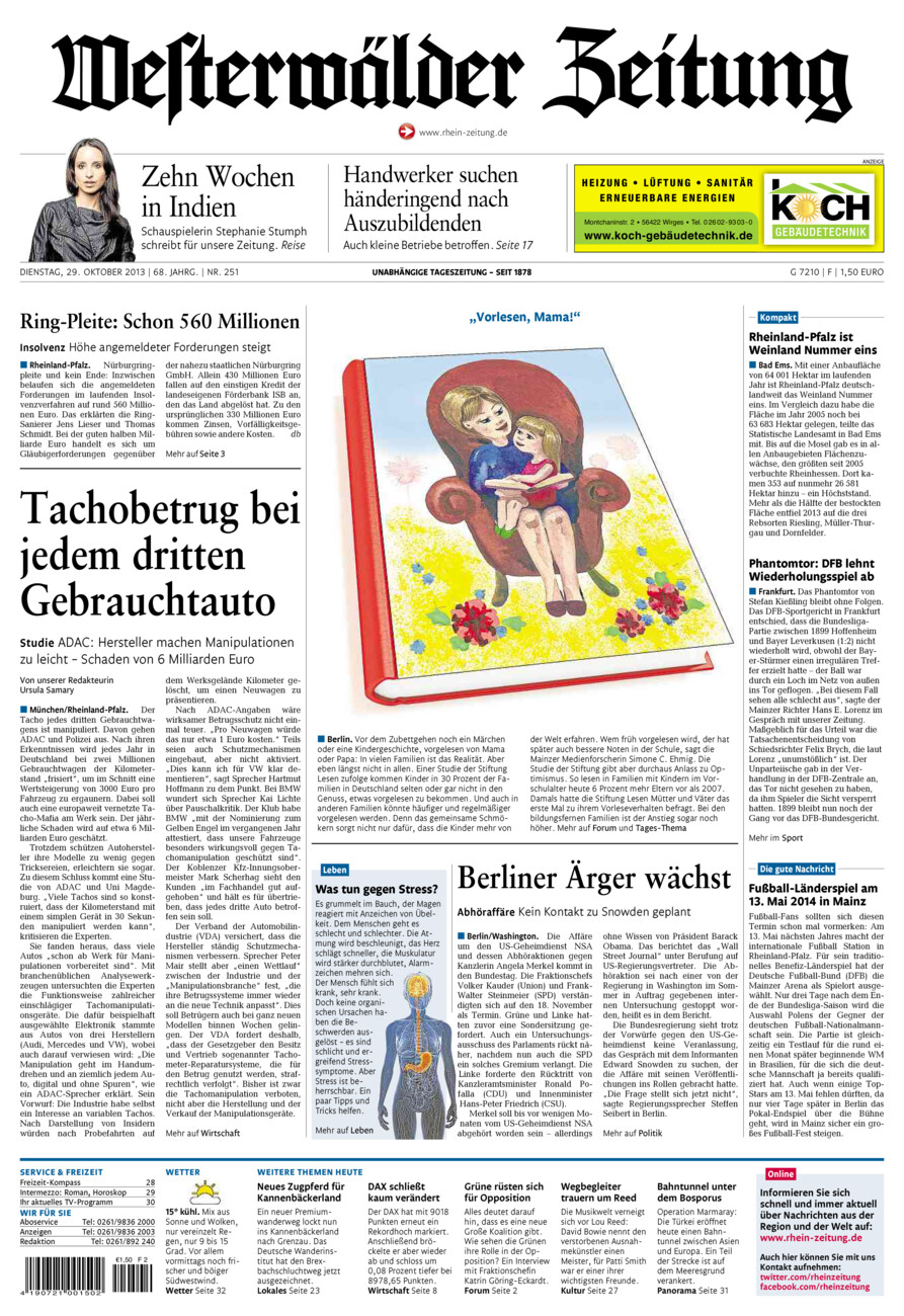 Westerwälder Zeitung vom Dienstag, 29.10.2013