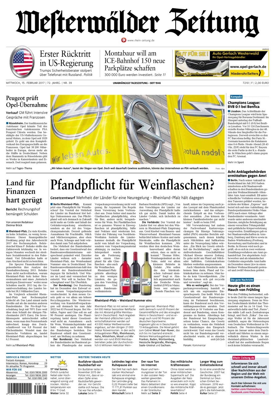 Westerwälder Zeitung vom Mittwoch, 15.02.2017