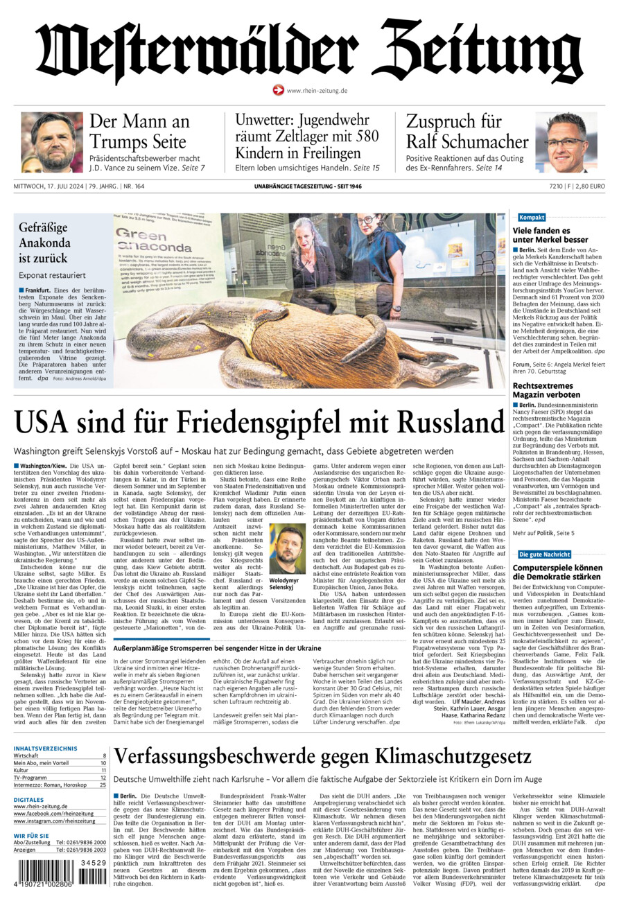 Westerwälder Zeitung vom Mittwoch, 17.07.2024