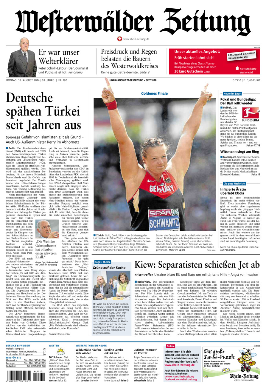 Westerwälder Zeitung vom Montag, 18.08.2014
