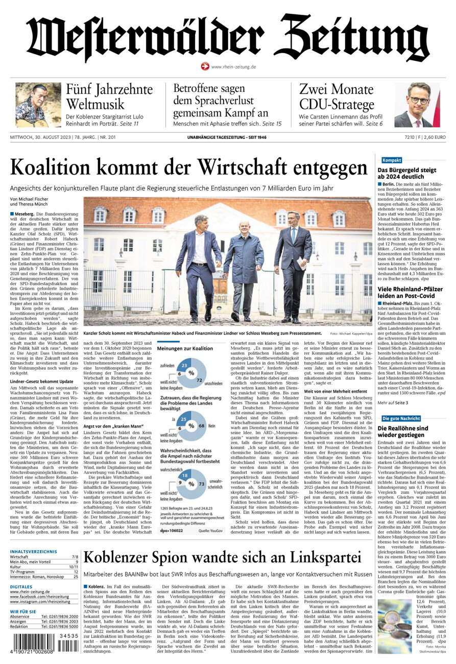Westerwälder Zeitung vom Mittwoch, 30.08.2023