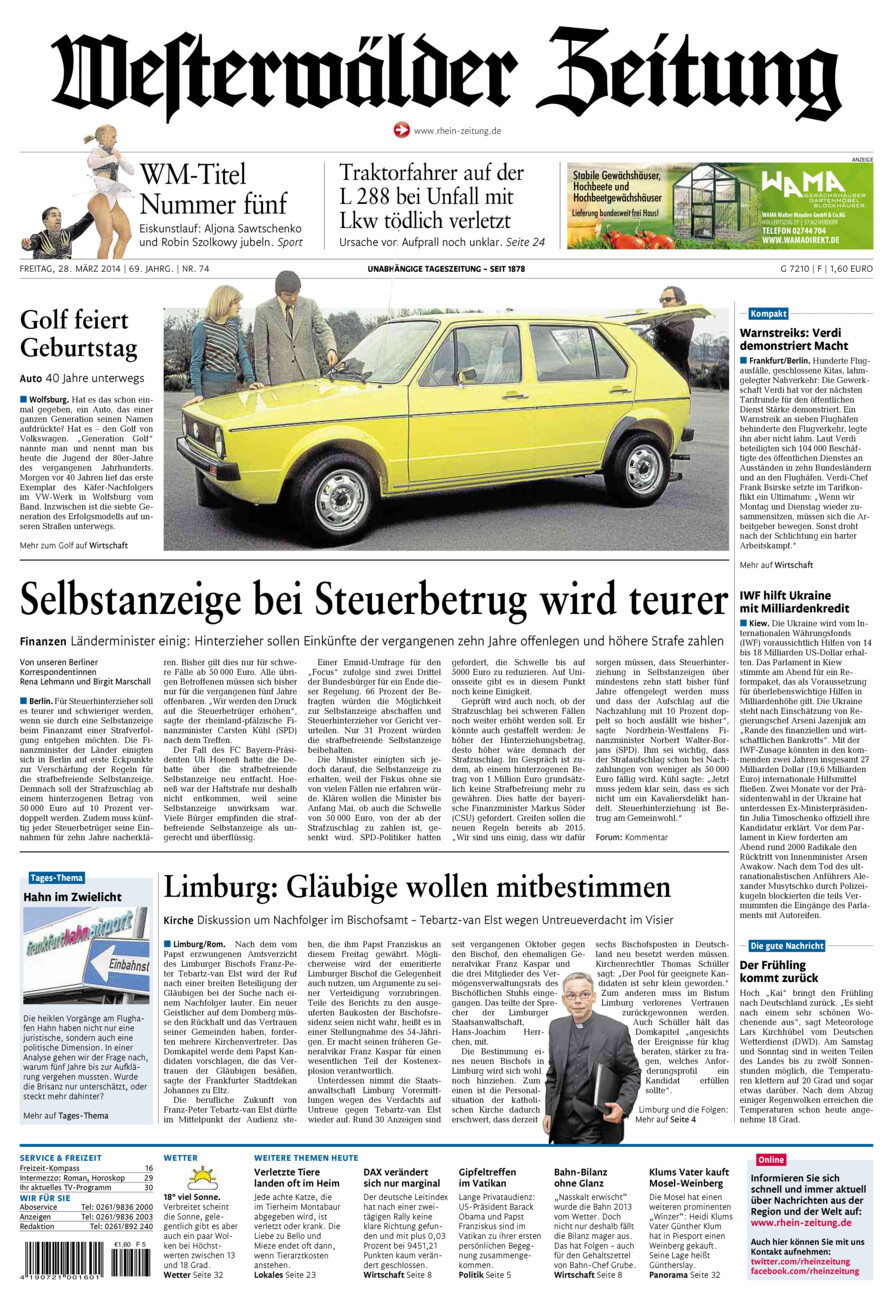 Westerwälder Zeitung vom Freitag, 28.03.2014
