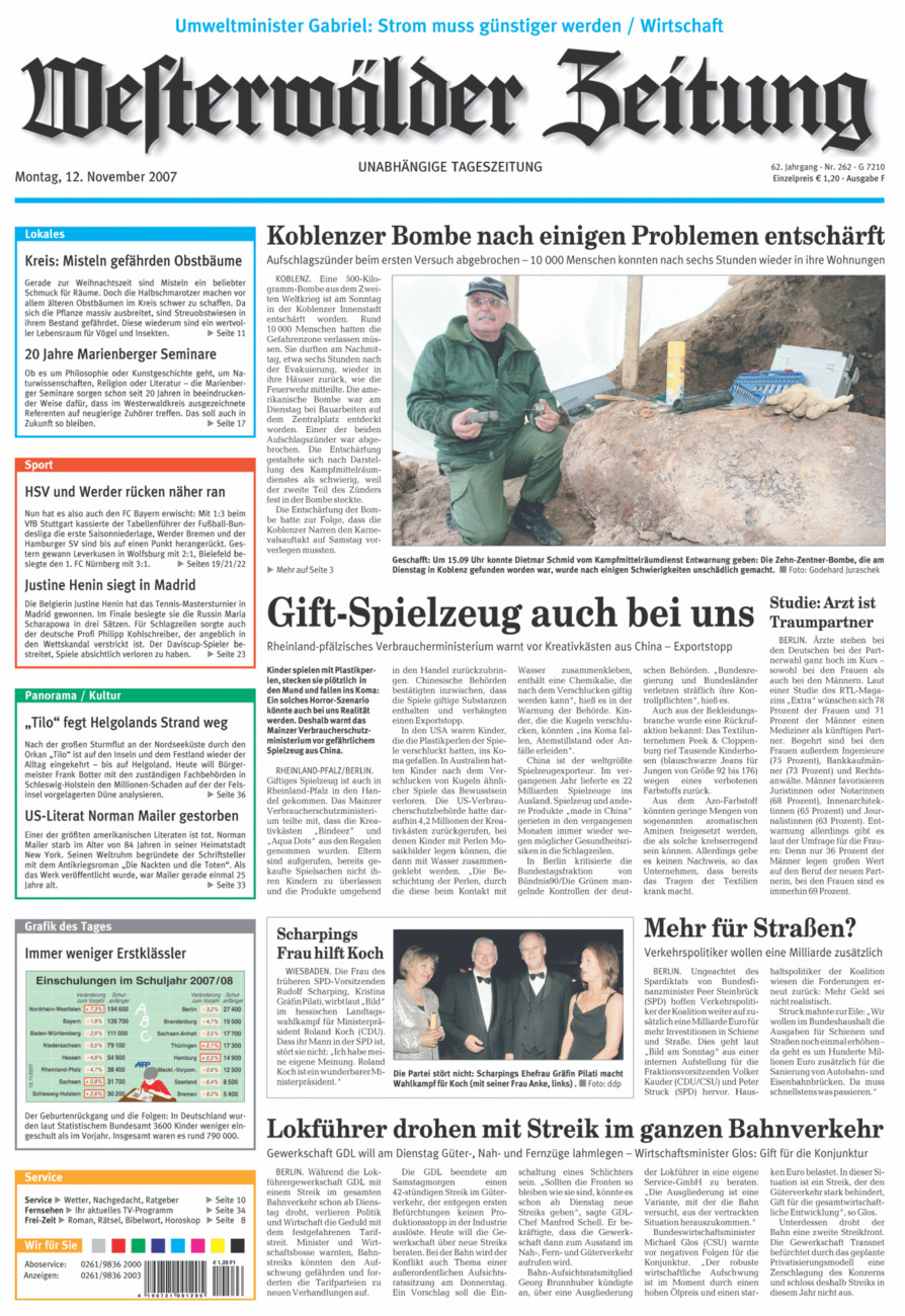 Westerwälder Zeitung vom Montag, 12.11.2007
