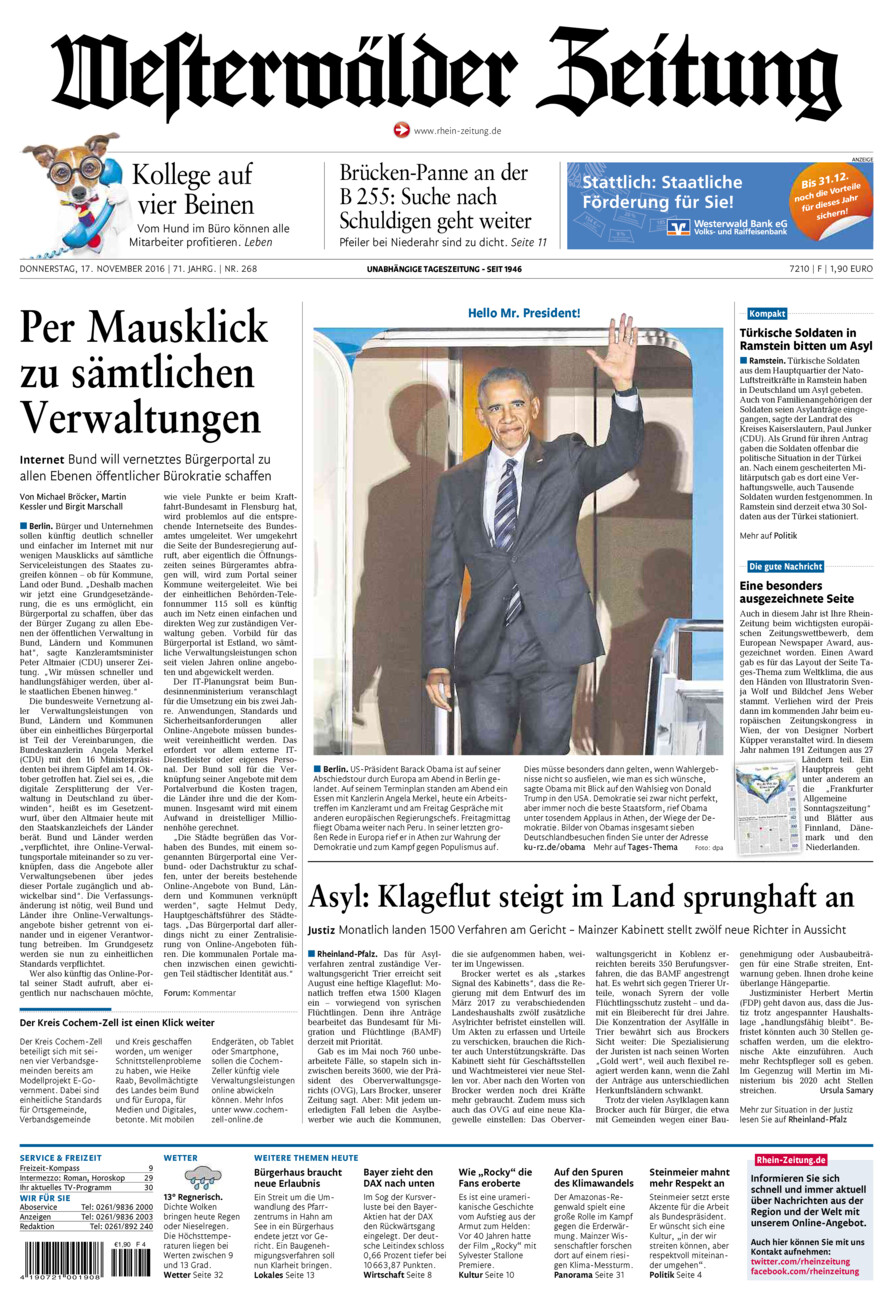 Westerwälder Zeitung vom Donnerstag, 17.11.2016