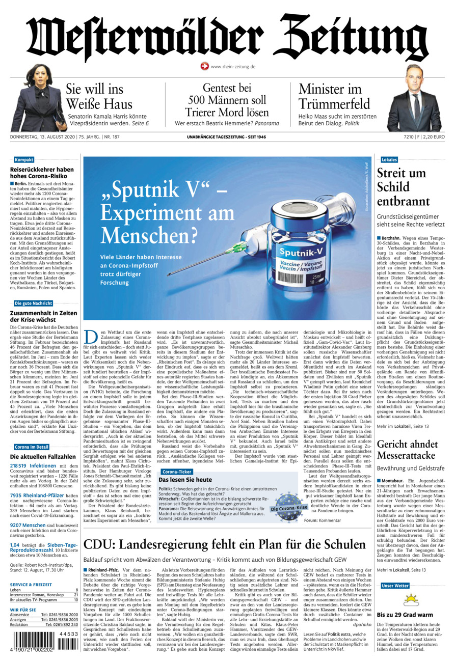 Westerwälder Zeitung vom Donnerstag, 13.08.2020