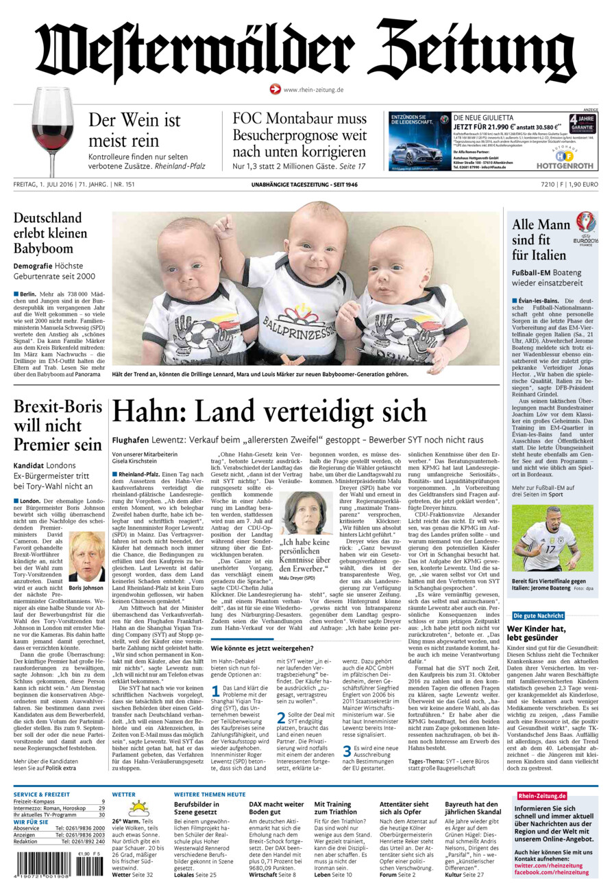 Westerwälder Zeitung vom Freitag, 01.07.2016