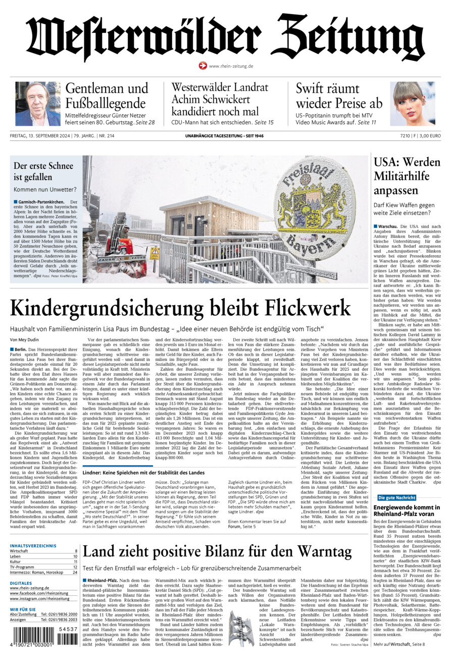 Westerwälder Zeitung vom Freitag, 13.09.2024