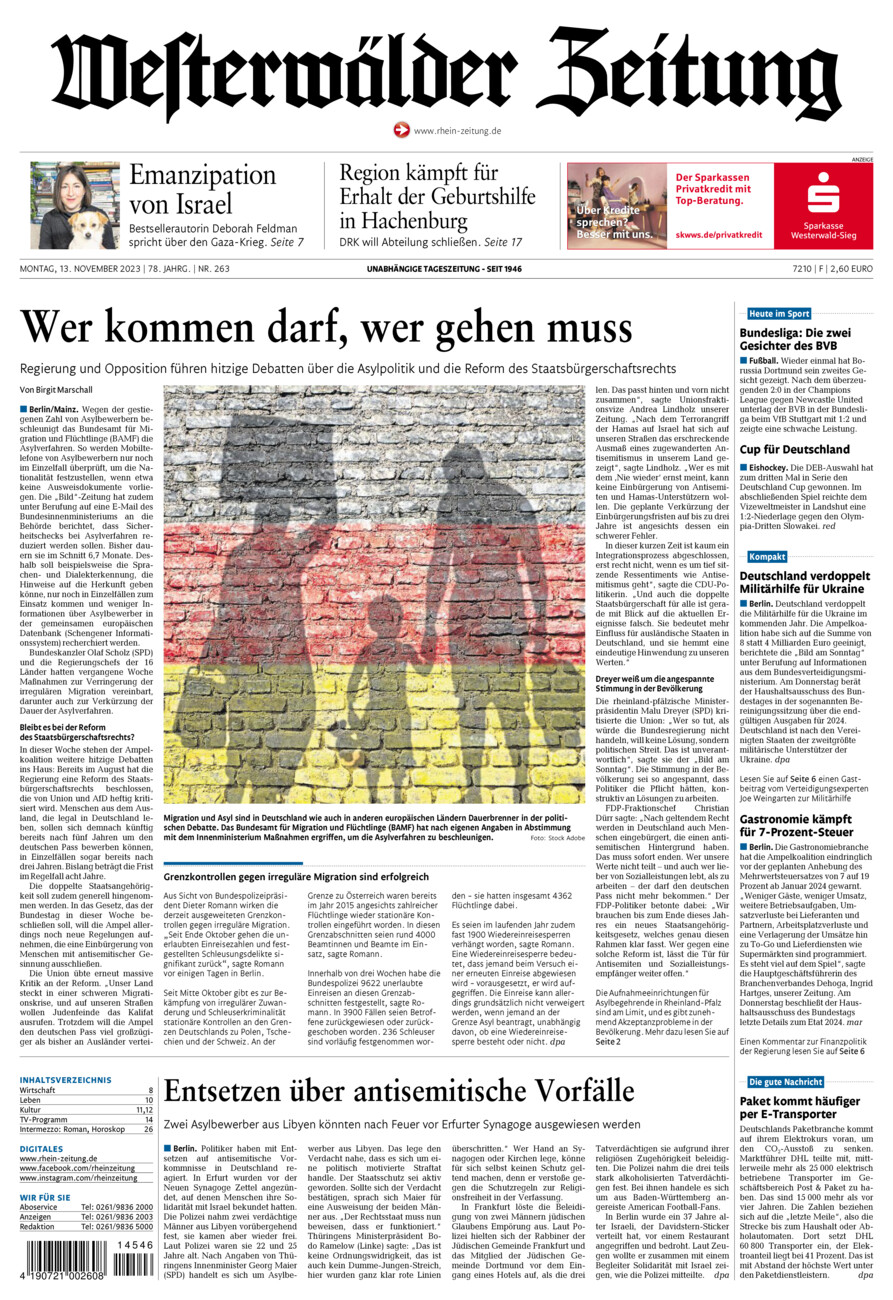 Westerwälder Zeitung vom Montag, 13.11.2023