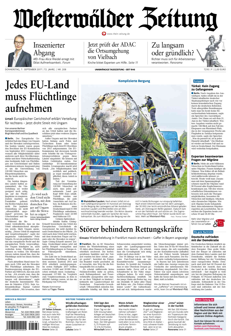 Westerwälder Zeitung vom Donnerstag, 07.09.2017