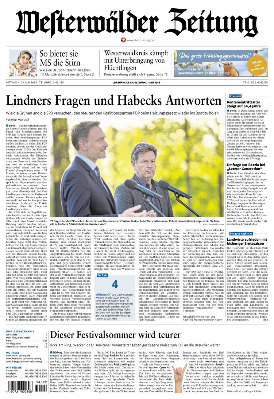 Westerwälder Zeitung vom Mittwoch, 31.05.2023