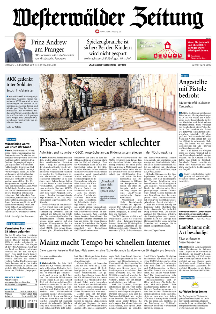 Westerwälder Zeitung vom Mittwoch, 04.12.2019