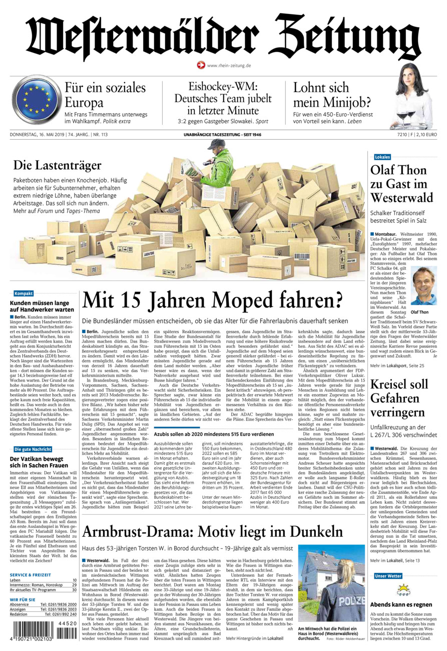 Westerwälder Zeitung vom Donnerstag, 16.05.2019