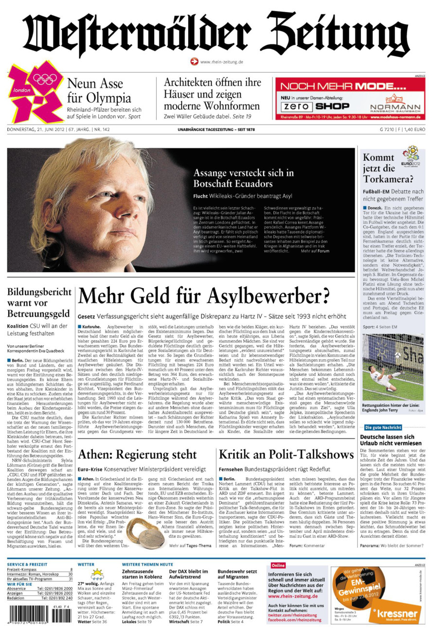 Westerwälder Zeitung vom Donnerstag, 21.06.2012