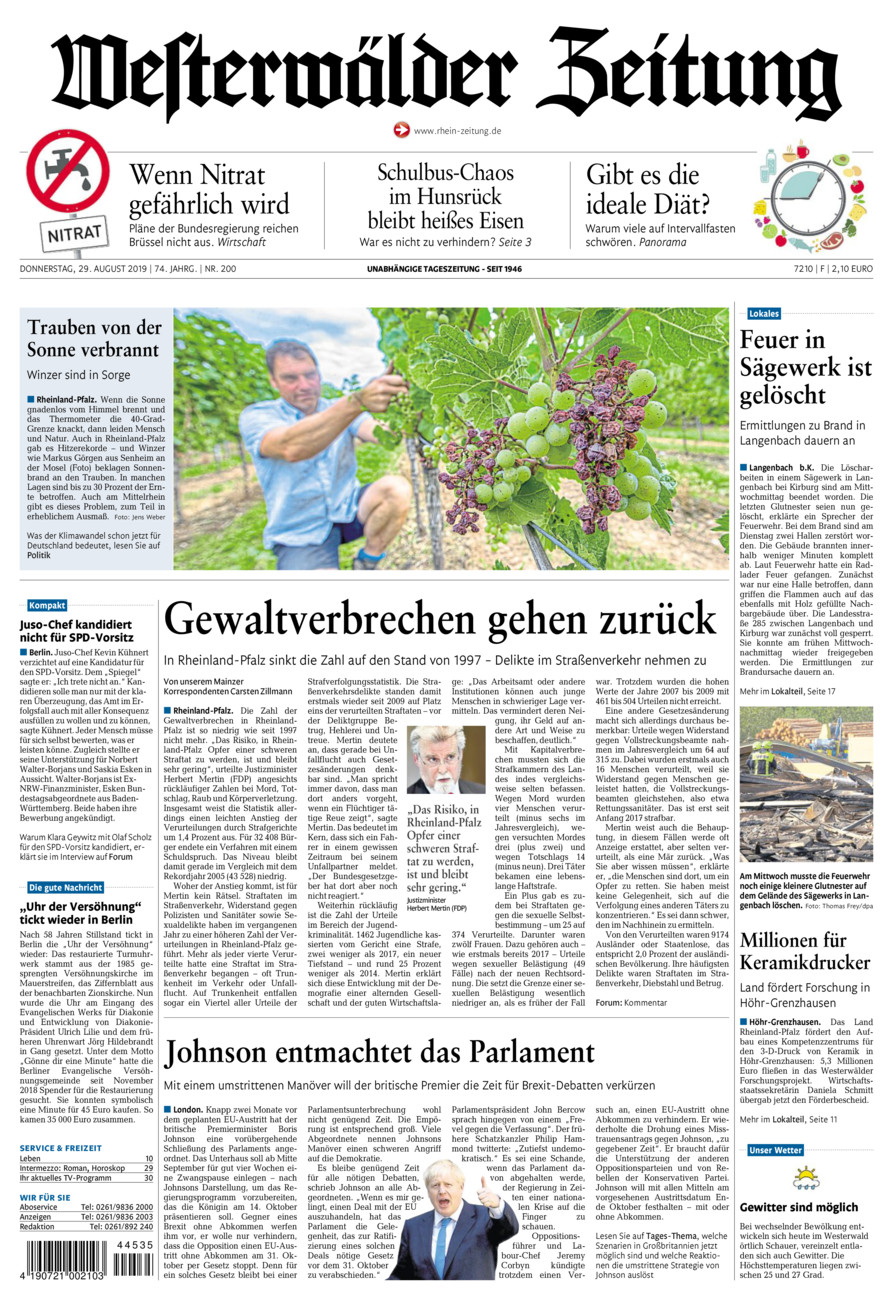 Westerwälder Zeitung vom Donnerstag, 29.08.2019