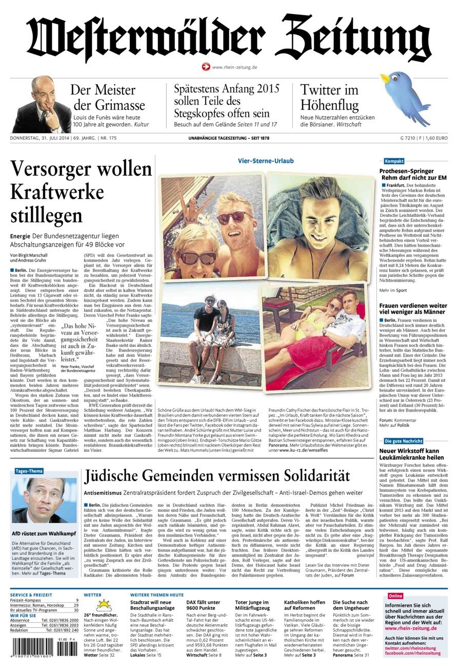 Westerwälder Zeitung vom Donnerstag, 31.07.2014