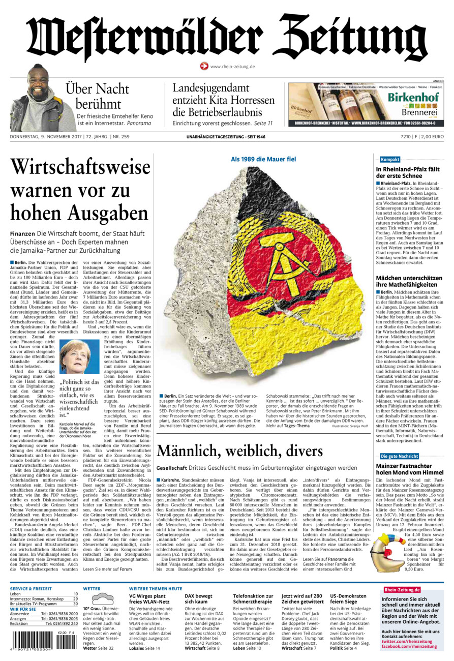 Westerwälder Zeitung vom Donnerstag, 09.11.2017