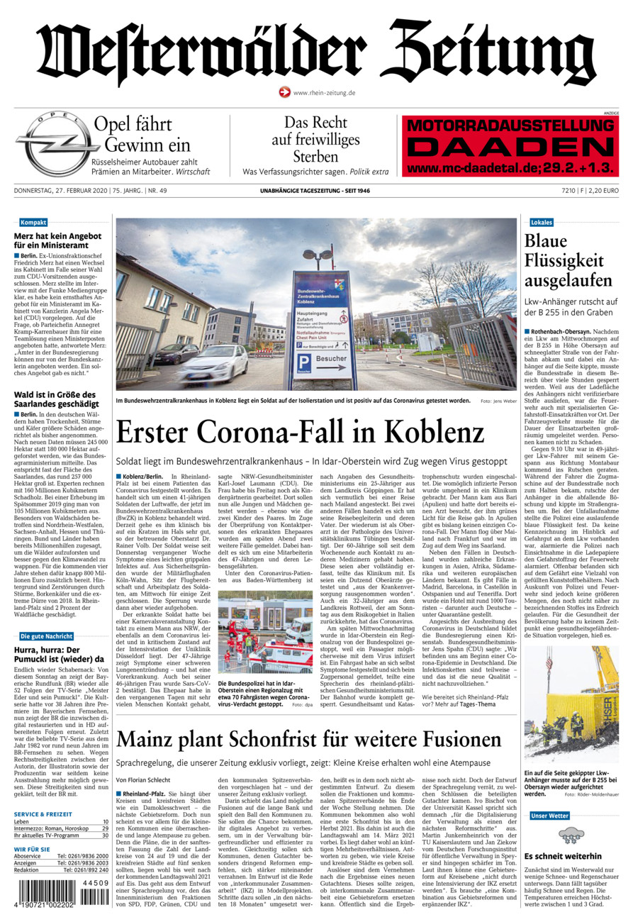 Westerwälder Zeitung vom Donnerstag, 27.02.2020