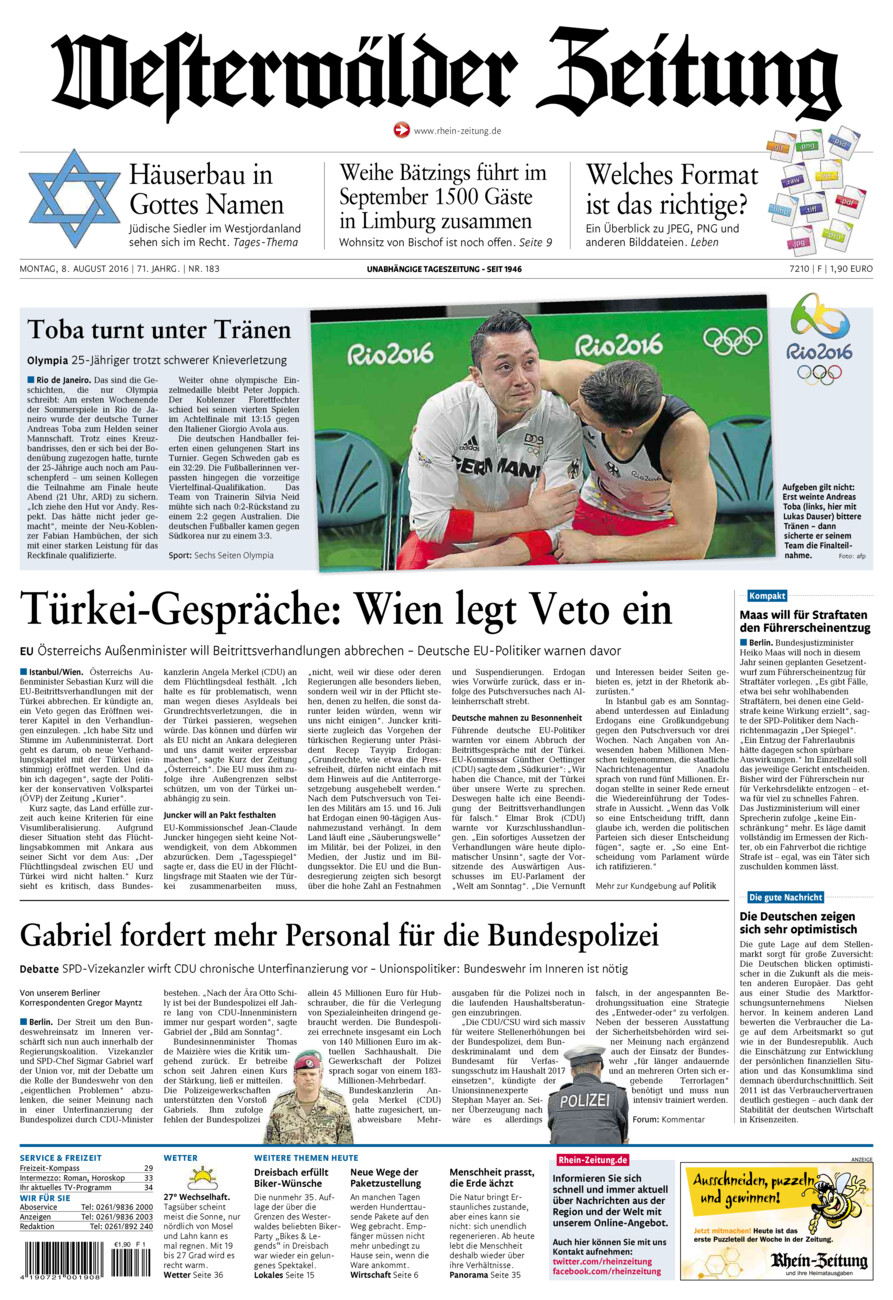 Westerwälder Zeitung vom Montag, 08.08.2016