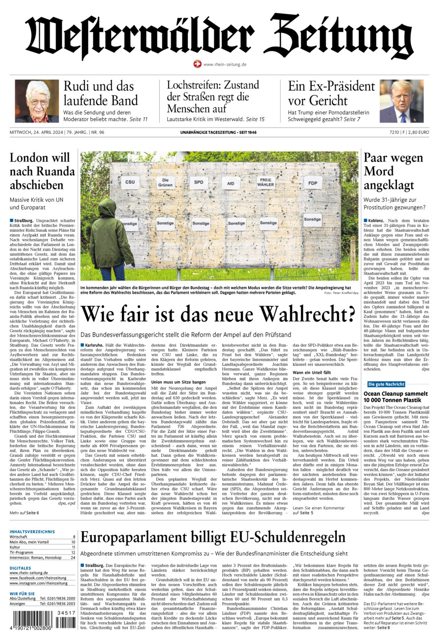 Westerwälder Zeitung vom Mittwoch, 24.04.2024
