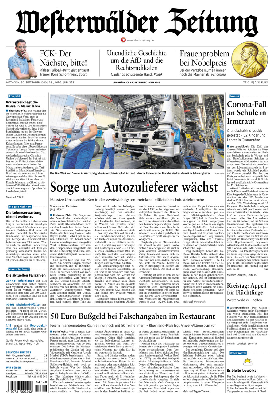 Westerwälder Zeitung vom Mittwoch, 30.09.2020