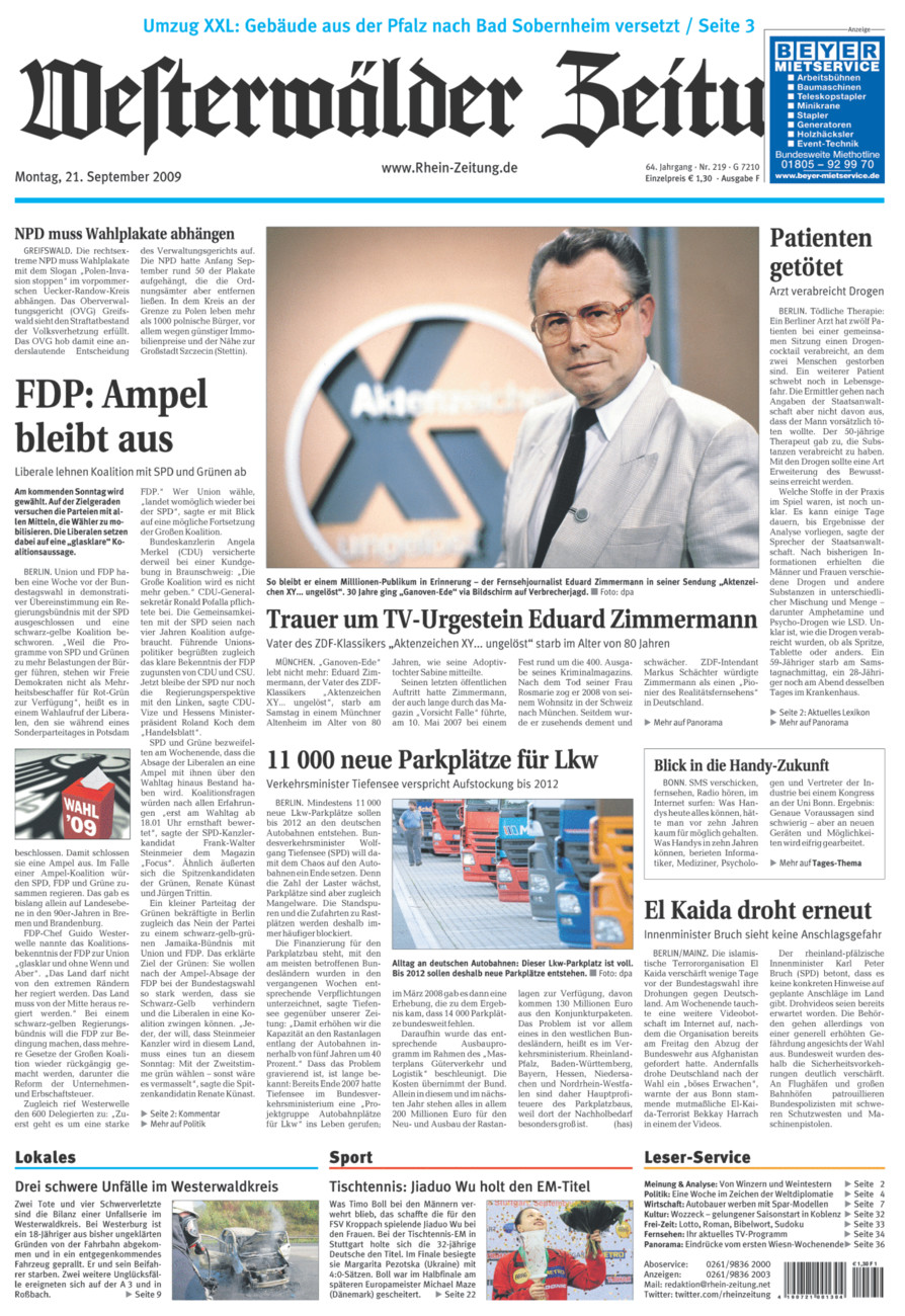 Westerwälder Zeitung vom Montag, 21.09.2009