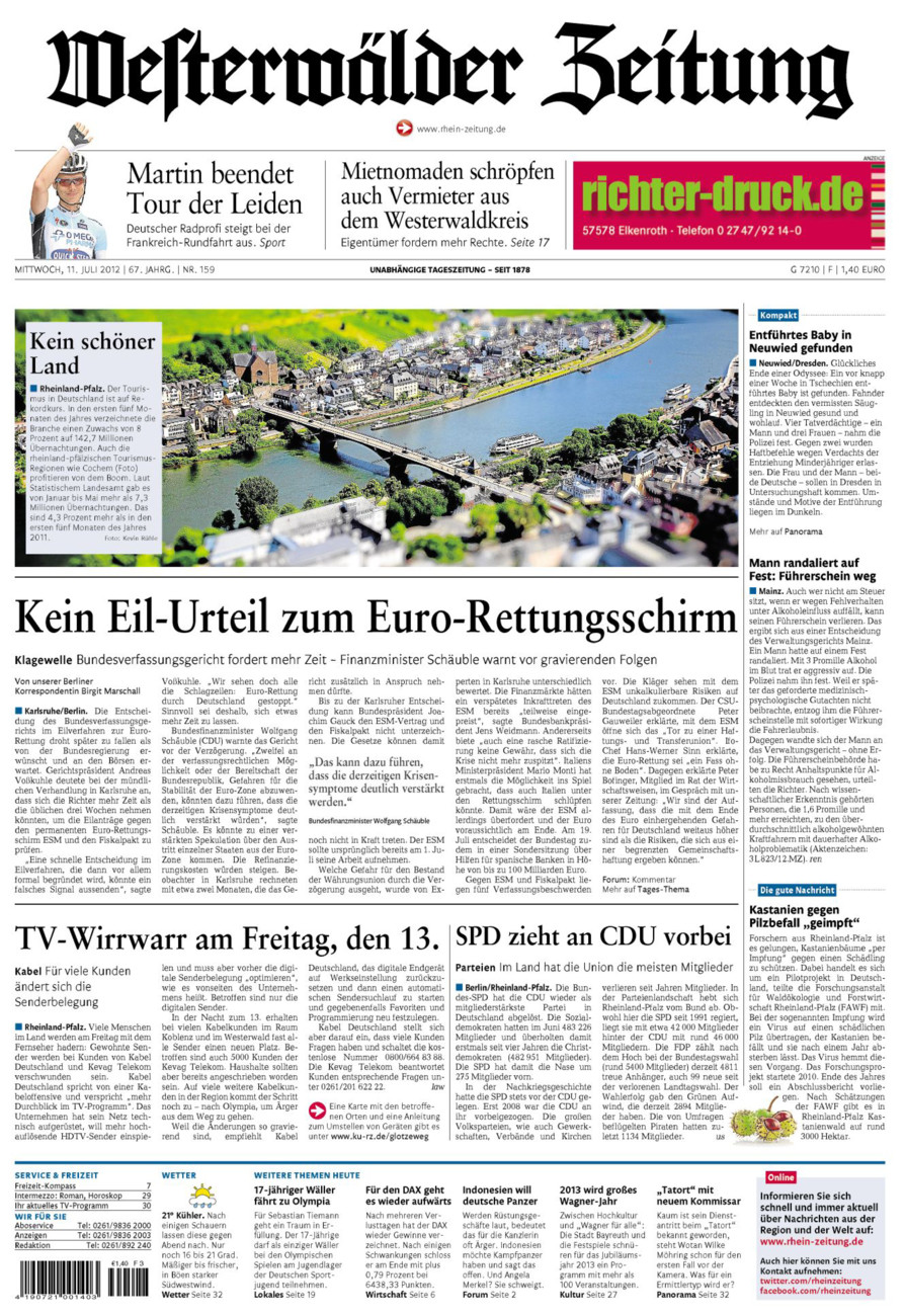 Westerwälder Zeitung vom Mittwoch, 11.07.2012