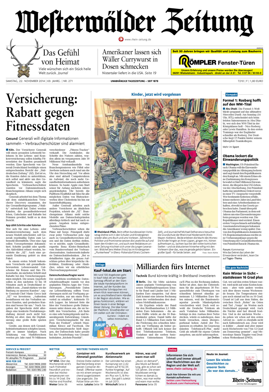 Westerwälder Zeitung vom Samstag, 22.11.2014