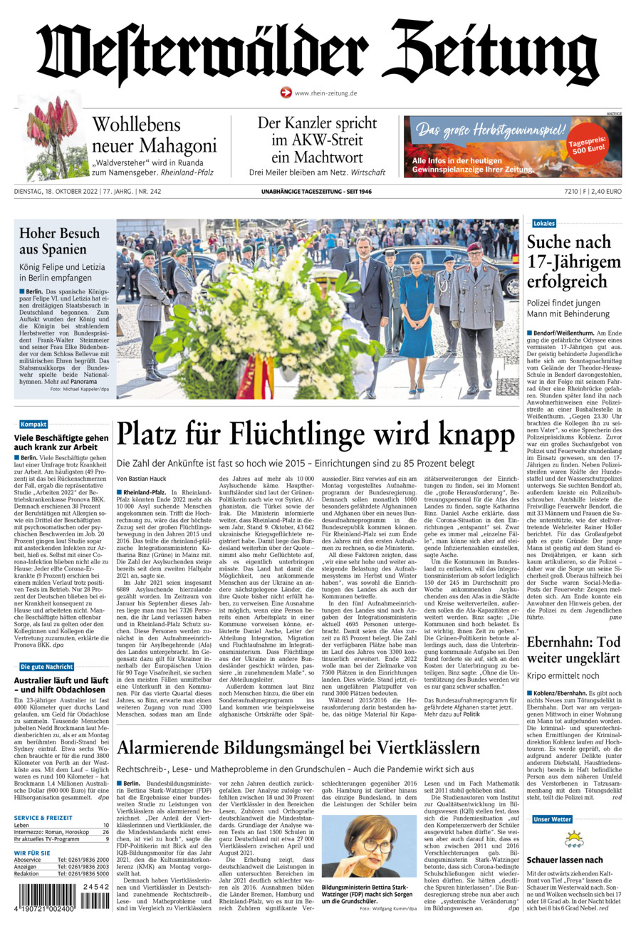 Westerwälder Zeitung vom Dienstag, 18.10.2022