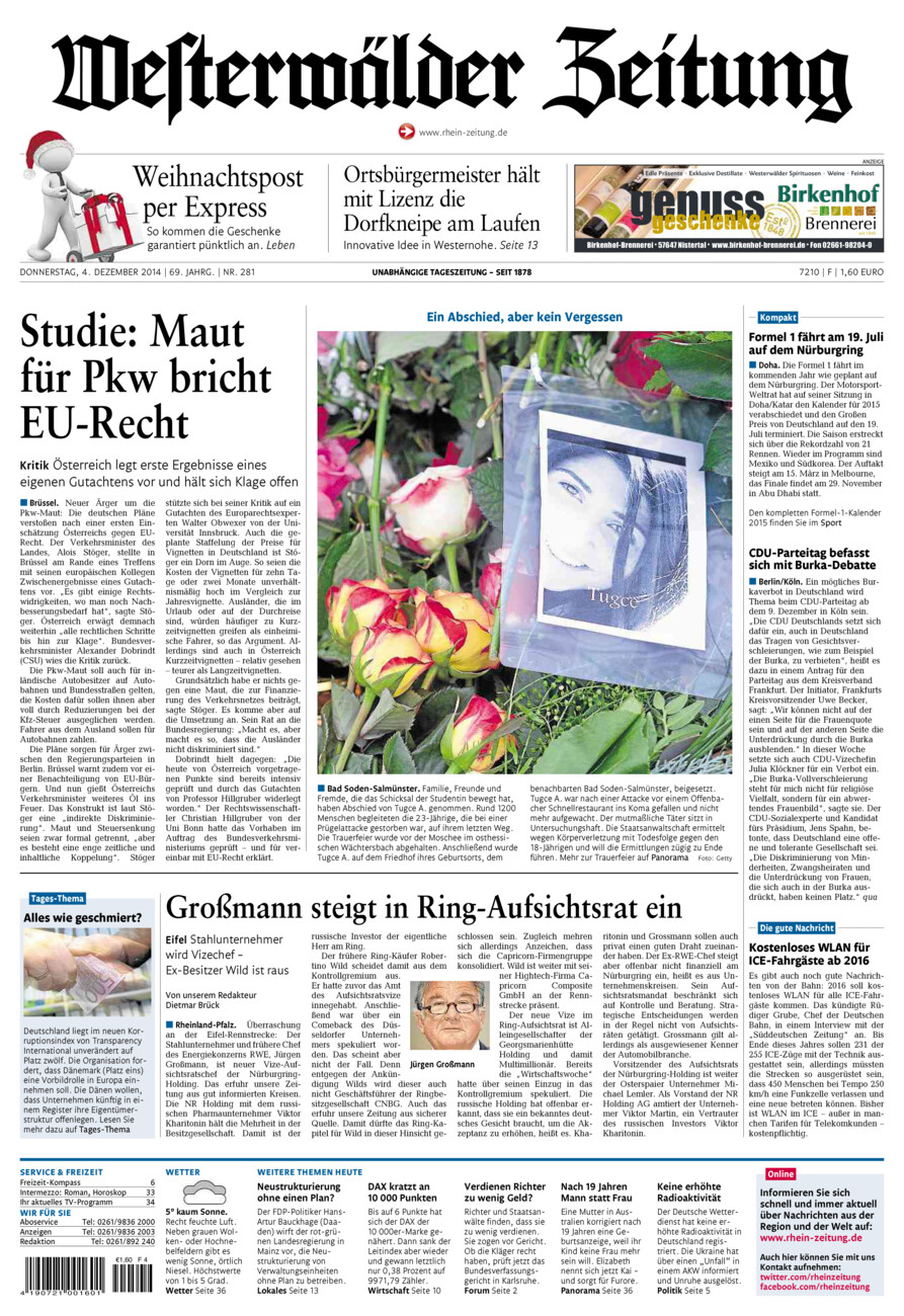 Westerwälder Zeitung vom Donnerstag, 04.12.2014