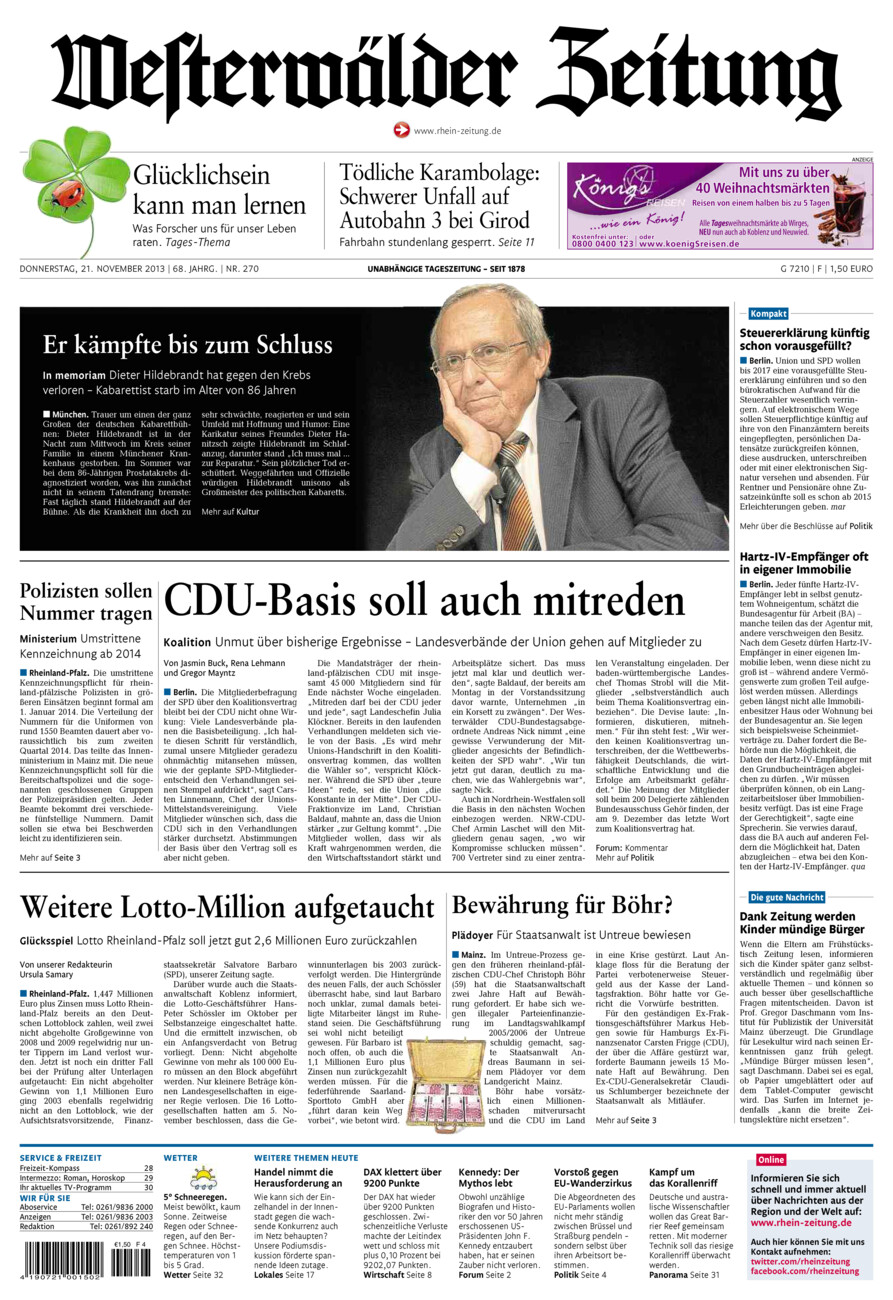 Westerwälder Zeitung vom Donnerstag, 21.11.2013