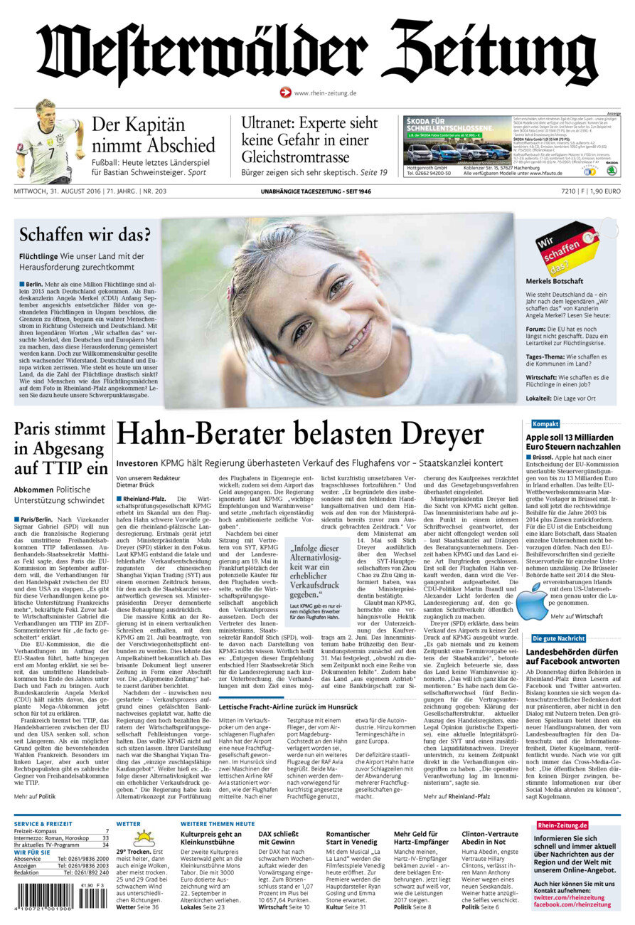 Westerwälder Zeitung vom Mittwoch, 31.08.2016