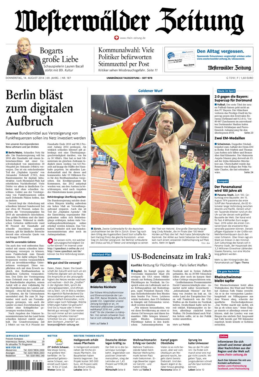 Westerwälder Zeitung vom Donnerstag, 14.08.2014