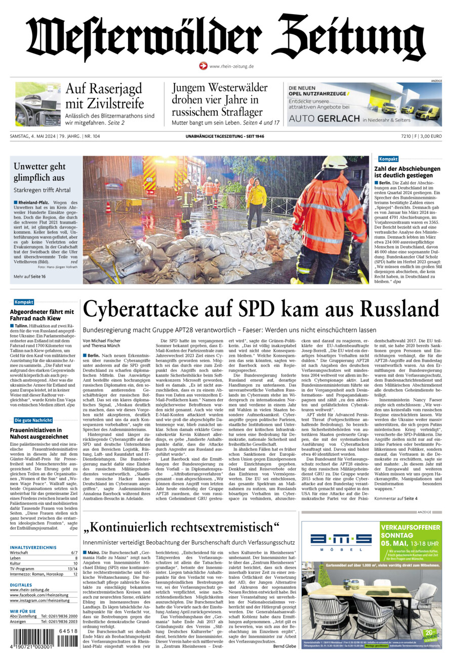 Westerwälder Zeitung vom Samstag, 04.05.2024