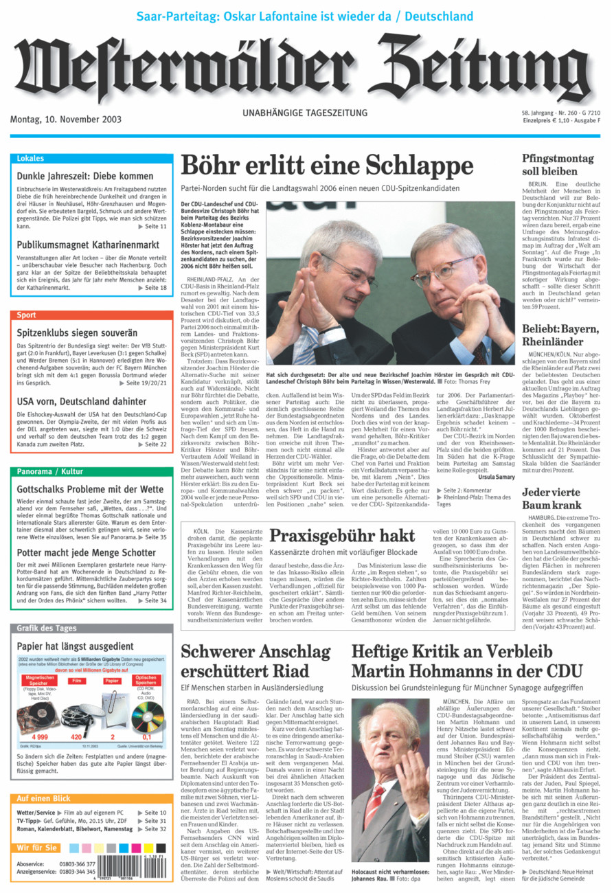 Westerwälder Zeitung vom Montag, 10.11.2003