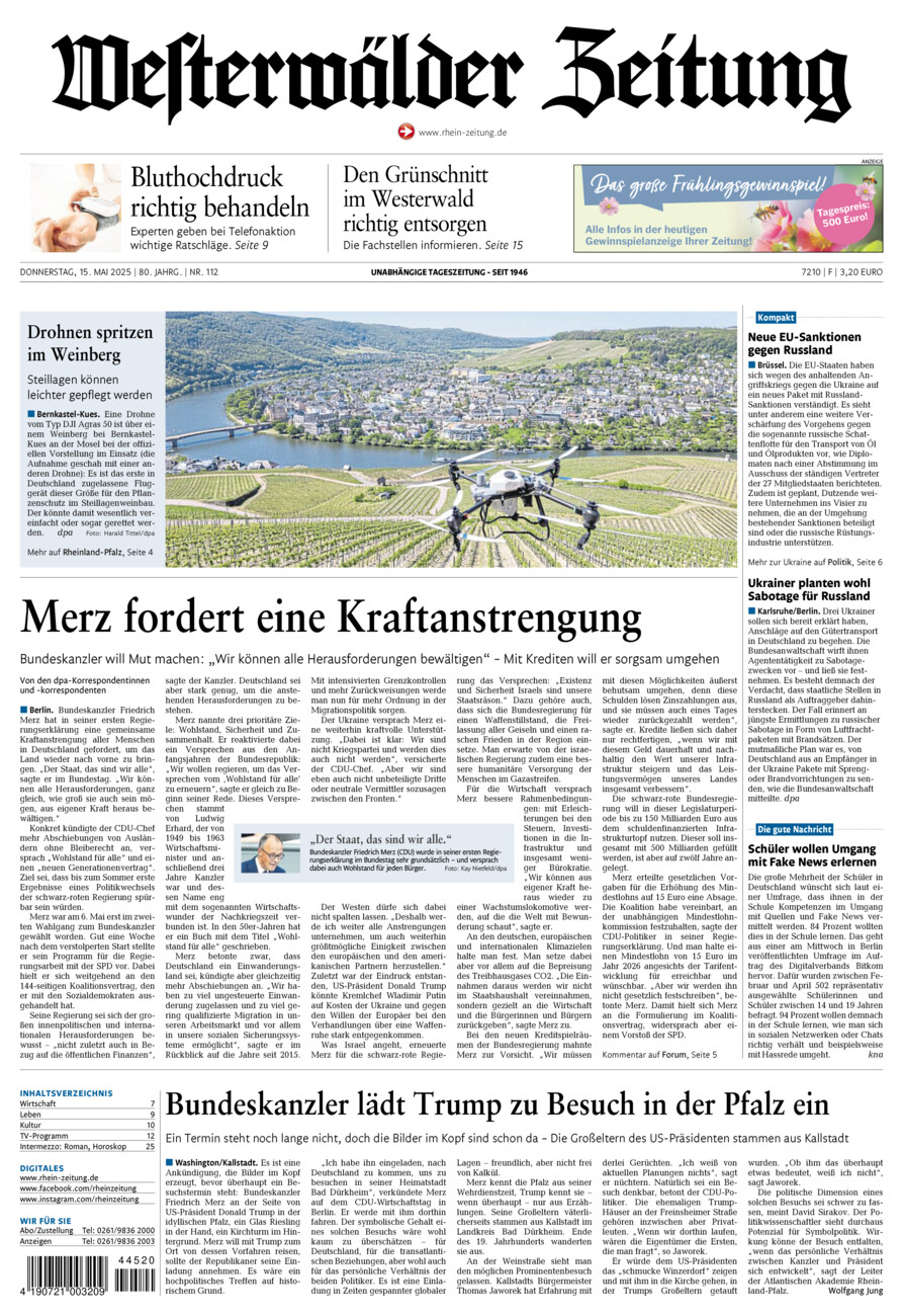 Westerwälder Zeitung vom Donnerstag, 15.05.2025