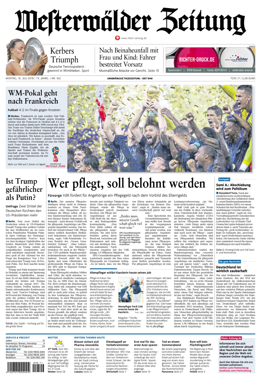 Westerwälder Zeitung vom Montag, 16.07.2018