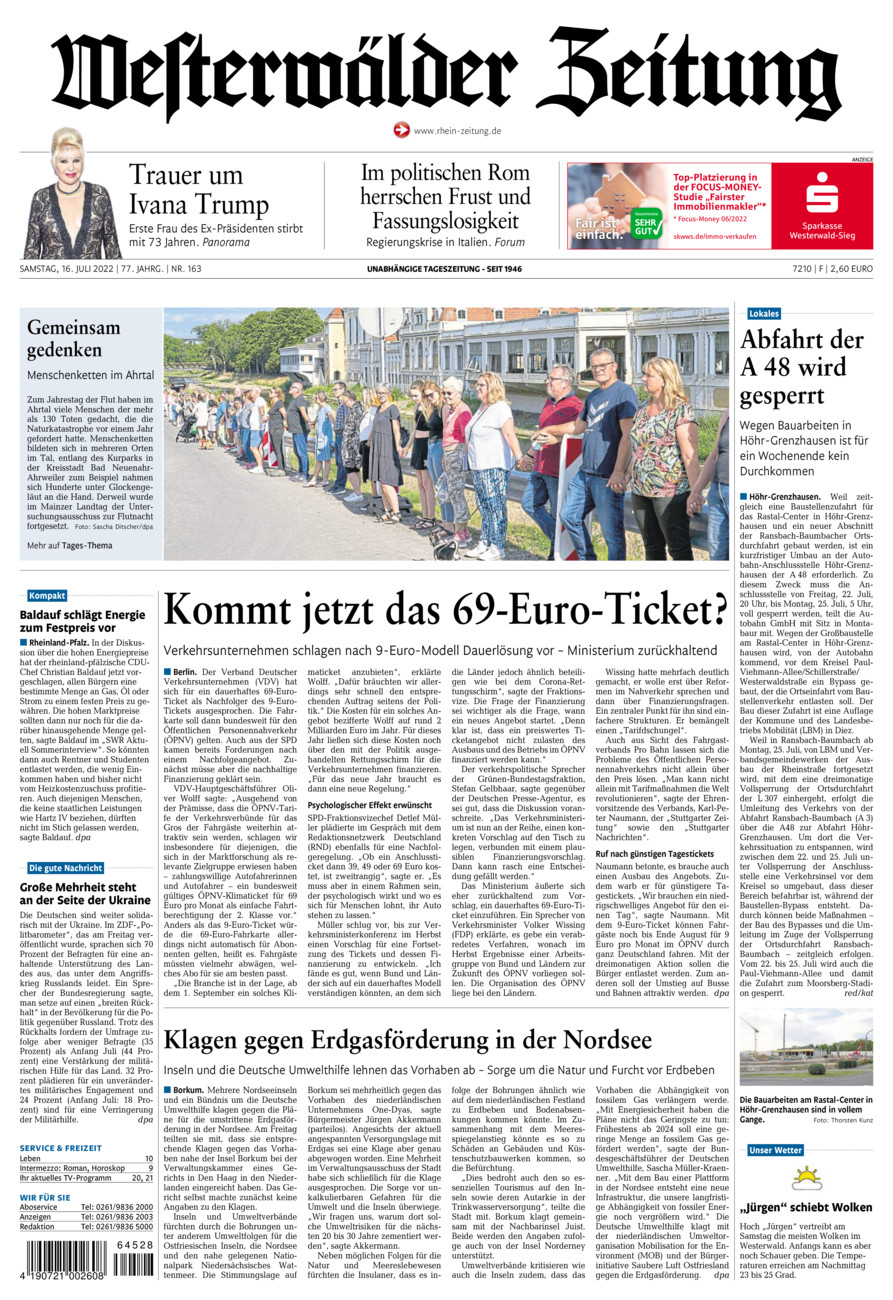 Westerwälder Zeitung vom Samstag, 16.07.2022