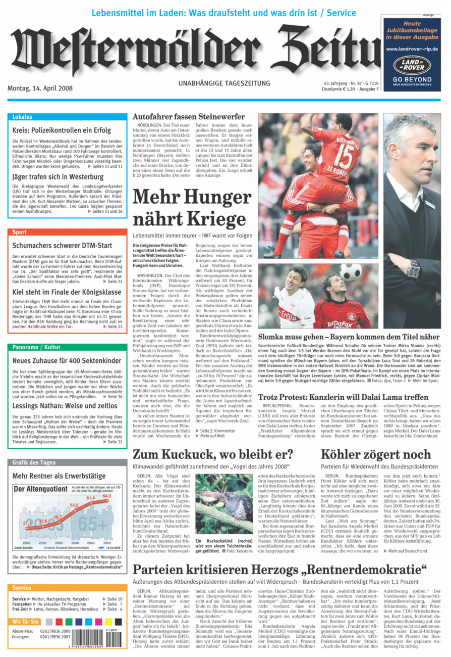 Westerwälder Zeitung vom Montag, 14.04.2008