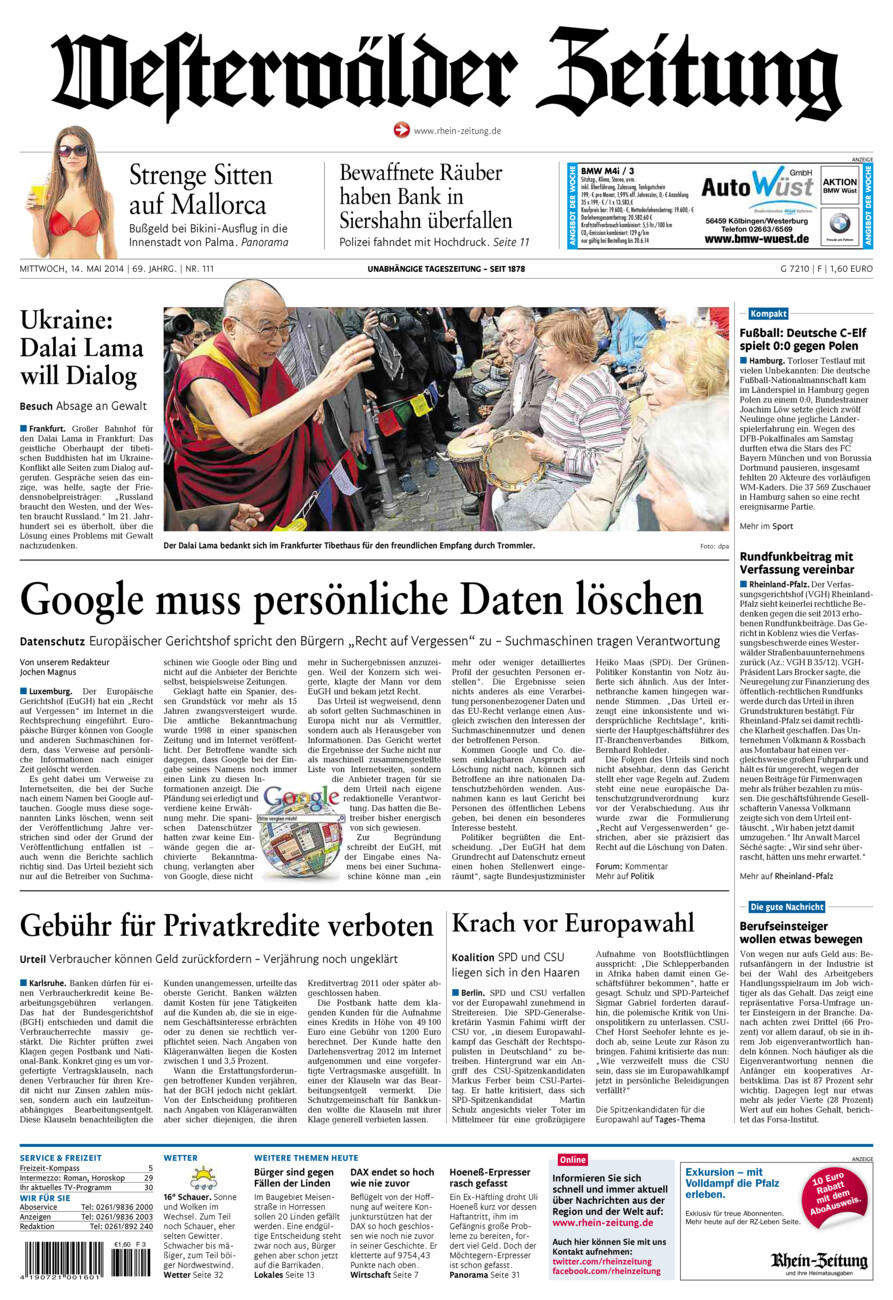 Westerwälder Zeitung vom Mittwoch, 14.05.2014