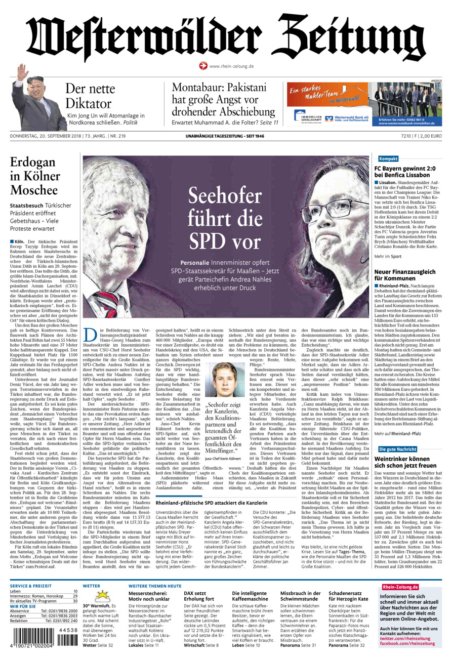 Westerwälder Zeitung vom Donnerstag, 20.09.2018