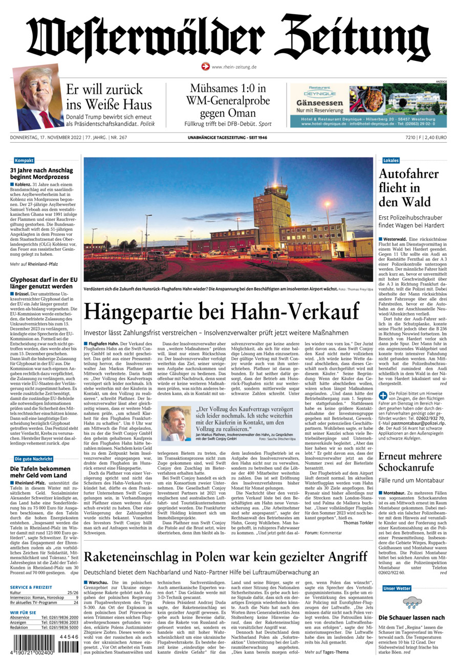 Westerwälder Zeitung vom Donnerstag, 17.11.2022