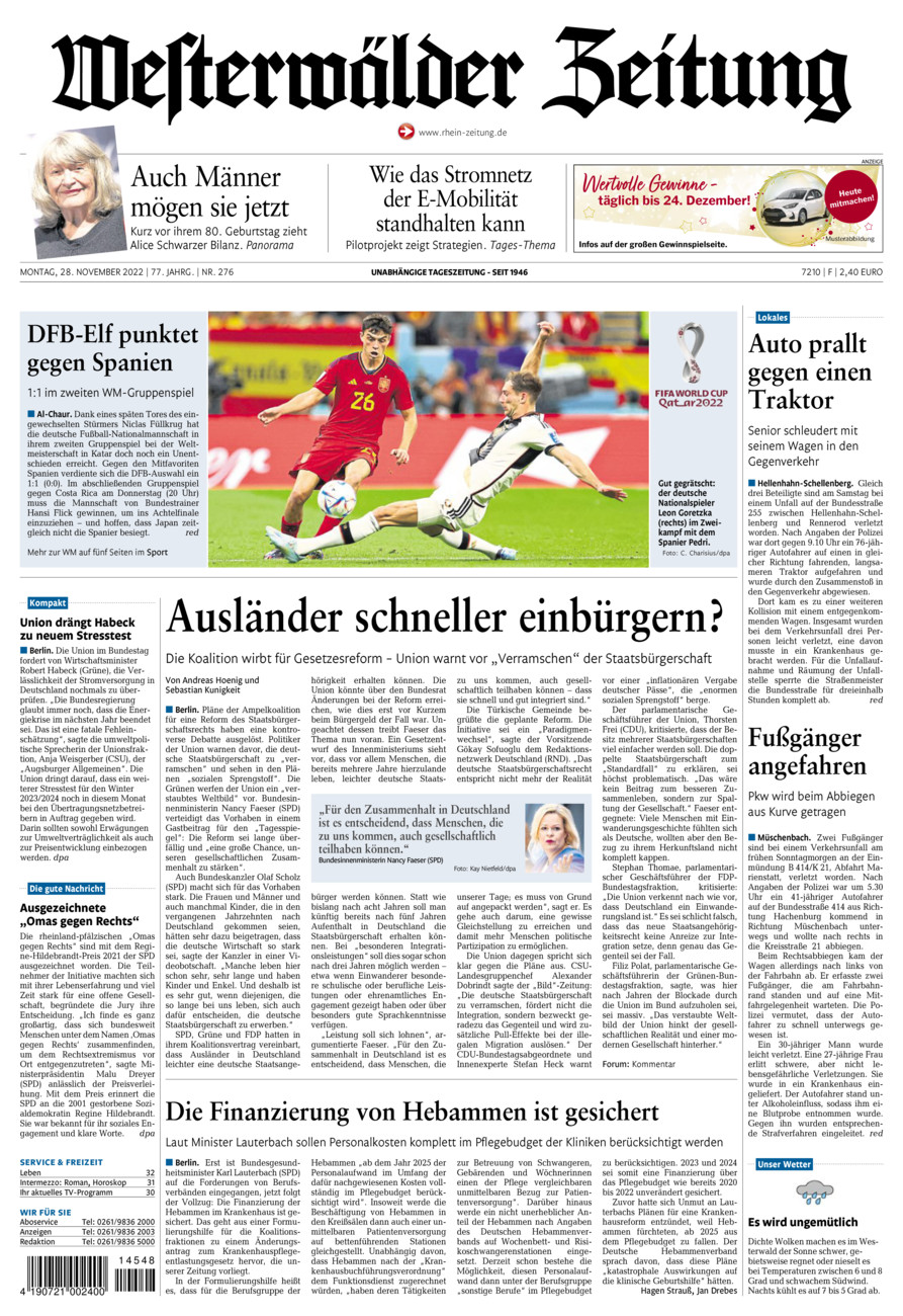 Westerwälder Zeitung vom Montag, 28.11.2022