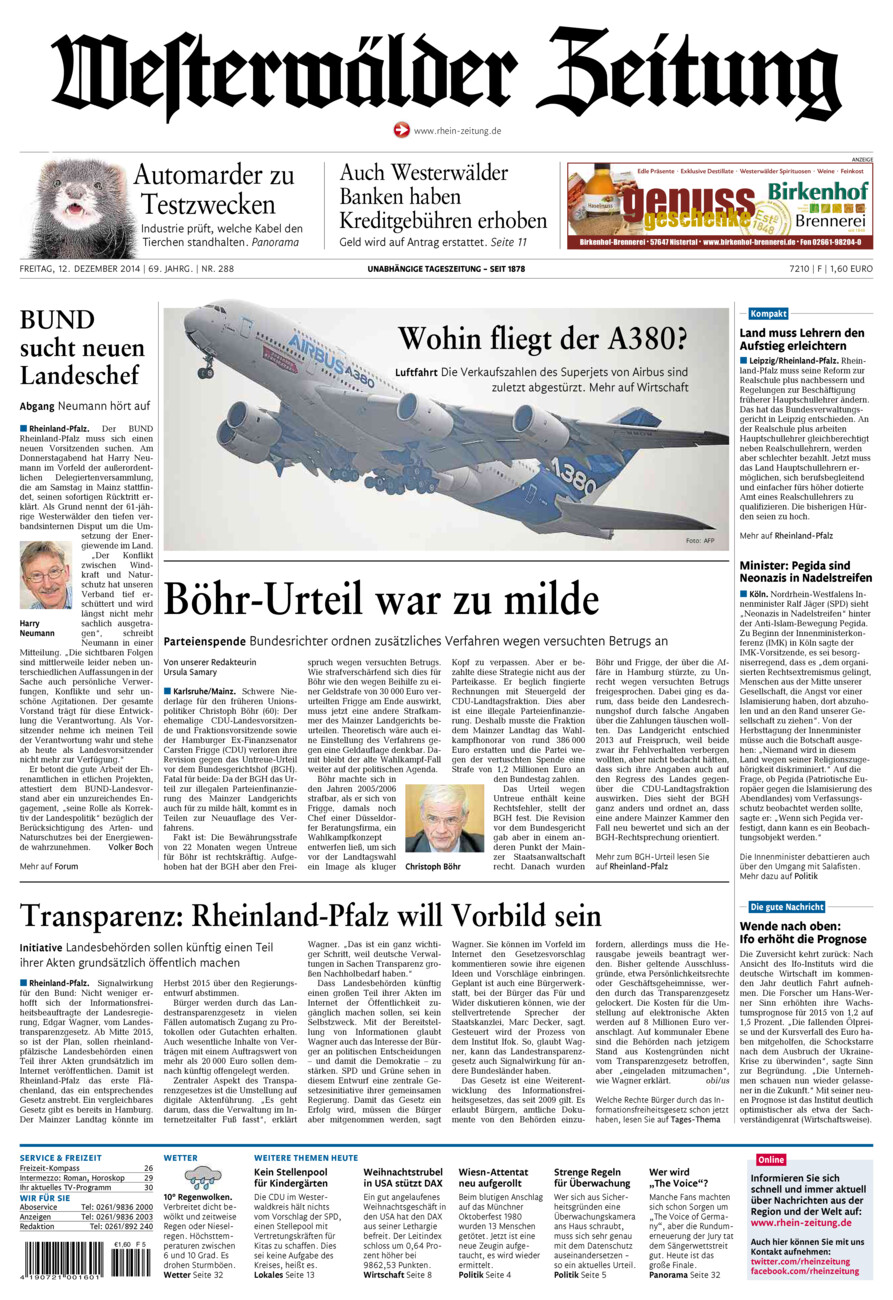 Westerwälder Zeitung vom Freitag, 12.12.2014