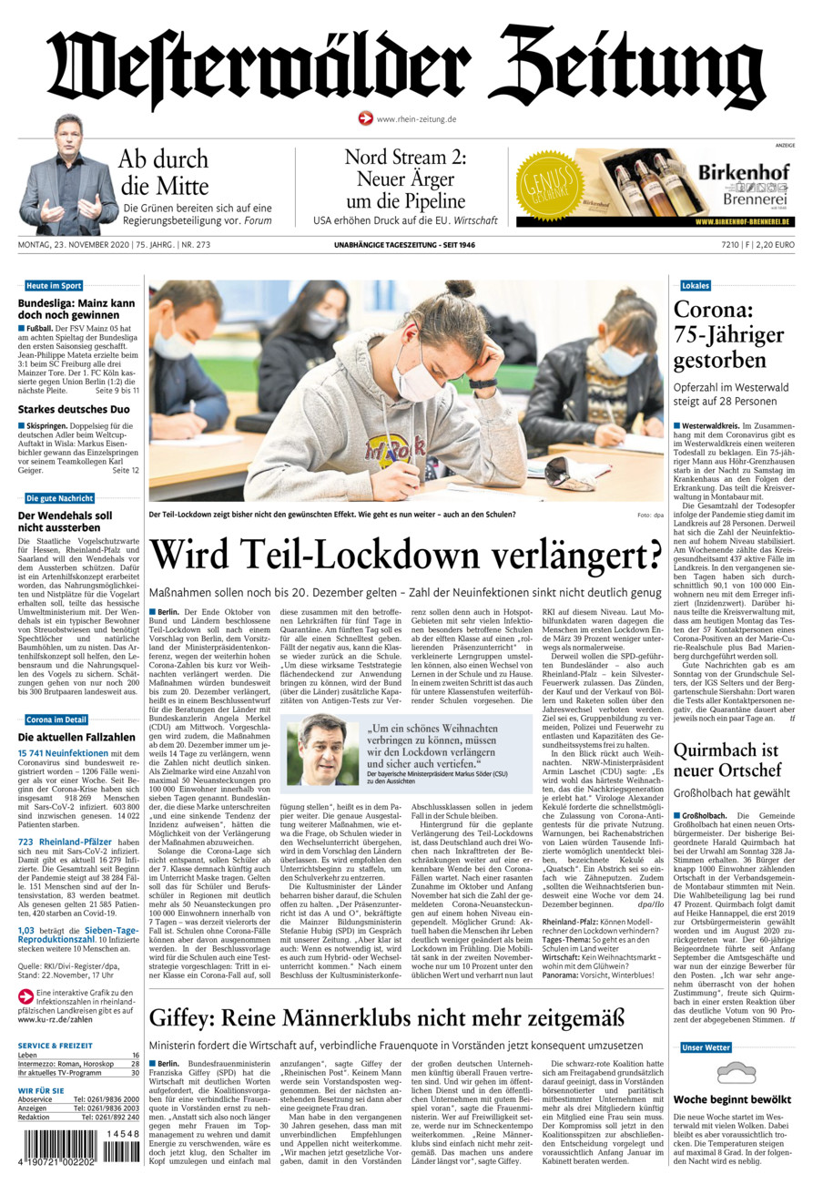 Westerwälder Zeitung vom Montag, 23.11.2020