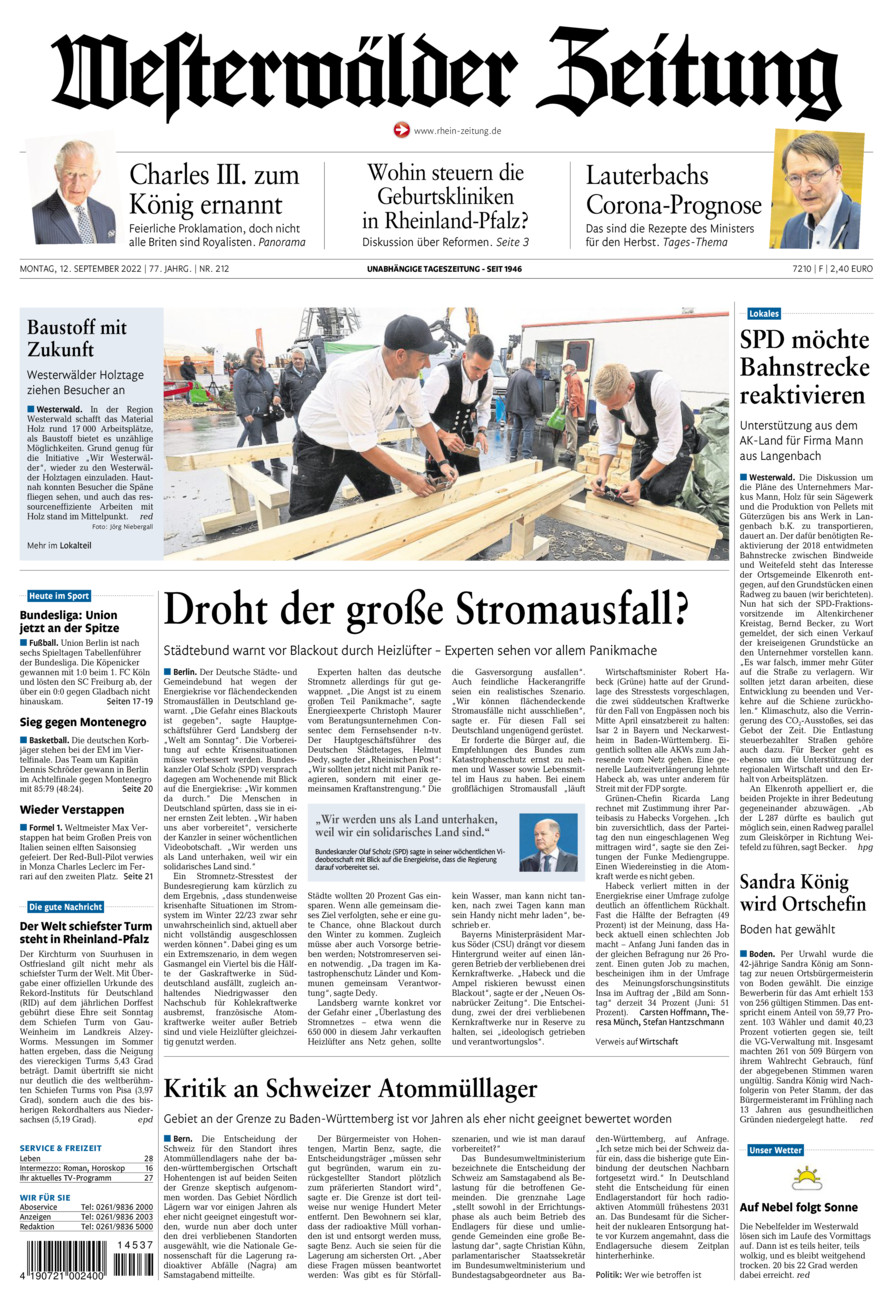 Westerwälder Zeitung vom Montag, 12.09.2022